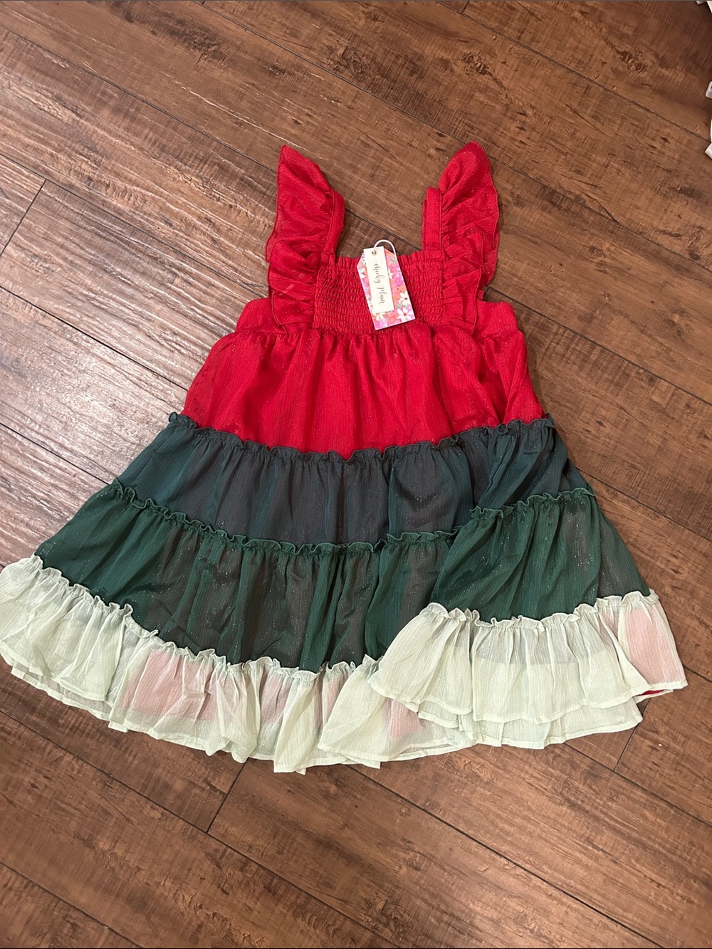 cheeky plum Red, Green & Cream Ruffled Tiered Dress